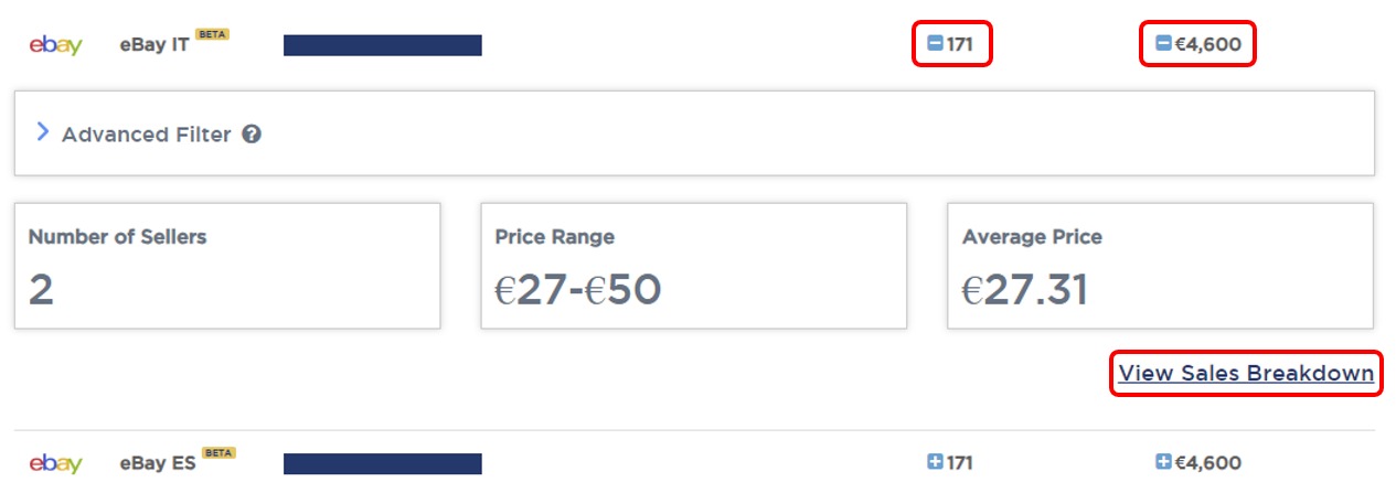 An example of a sales breakdown in the ‘Single Product Analysis’ feature of Product Research Pulse.