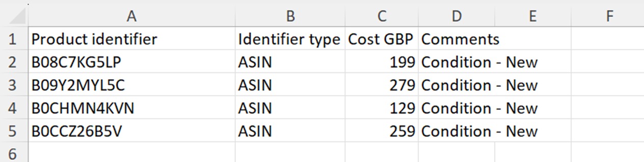 An example of a spreadsheet to use in the ‘Multi Product Analysis’ feature of Product Research Pulse.