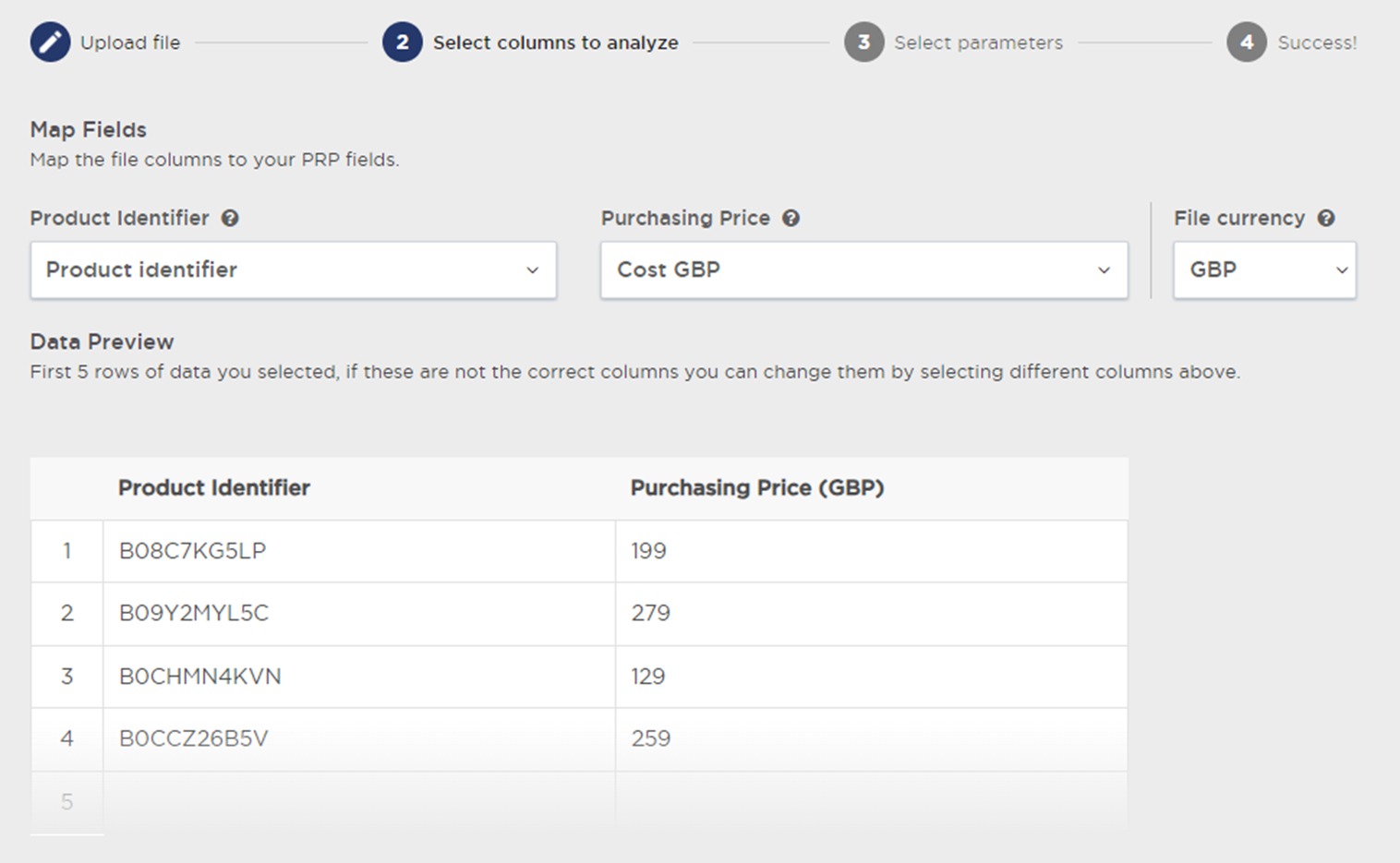 Selecting columns to analyze in the ‘Multi Product Analysis’ feature of Product Research Pulse.