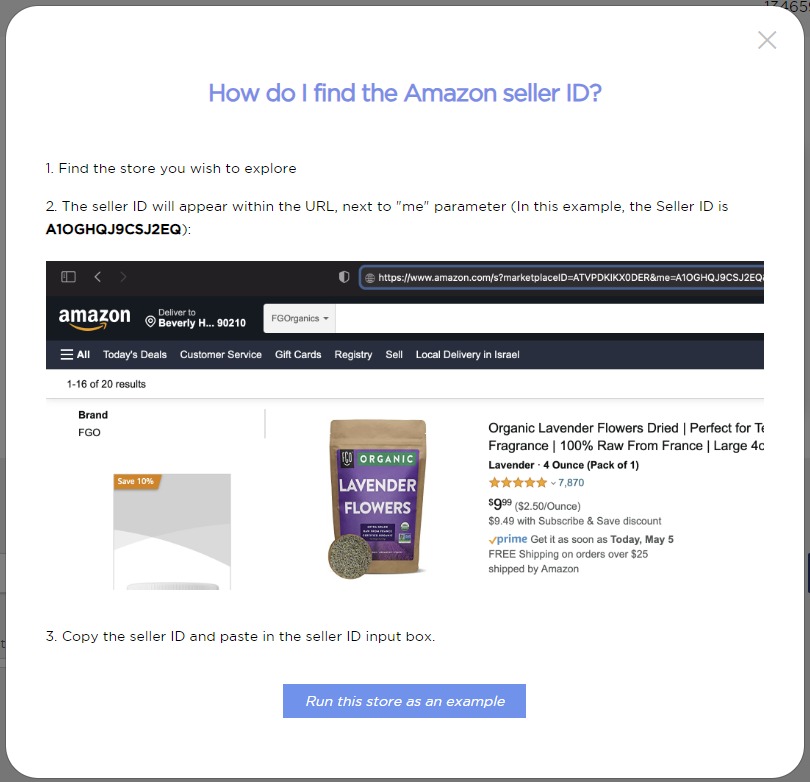 How to find an Amazon seller ID for the ‘Store Analysis’ feature of Product Research Pulse.