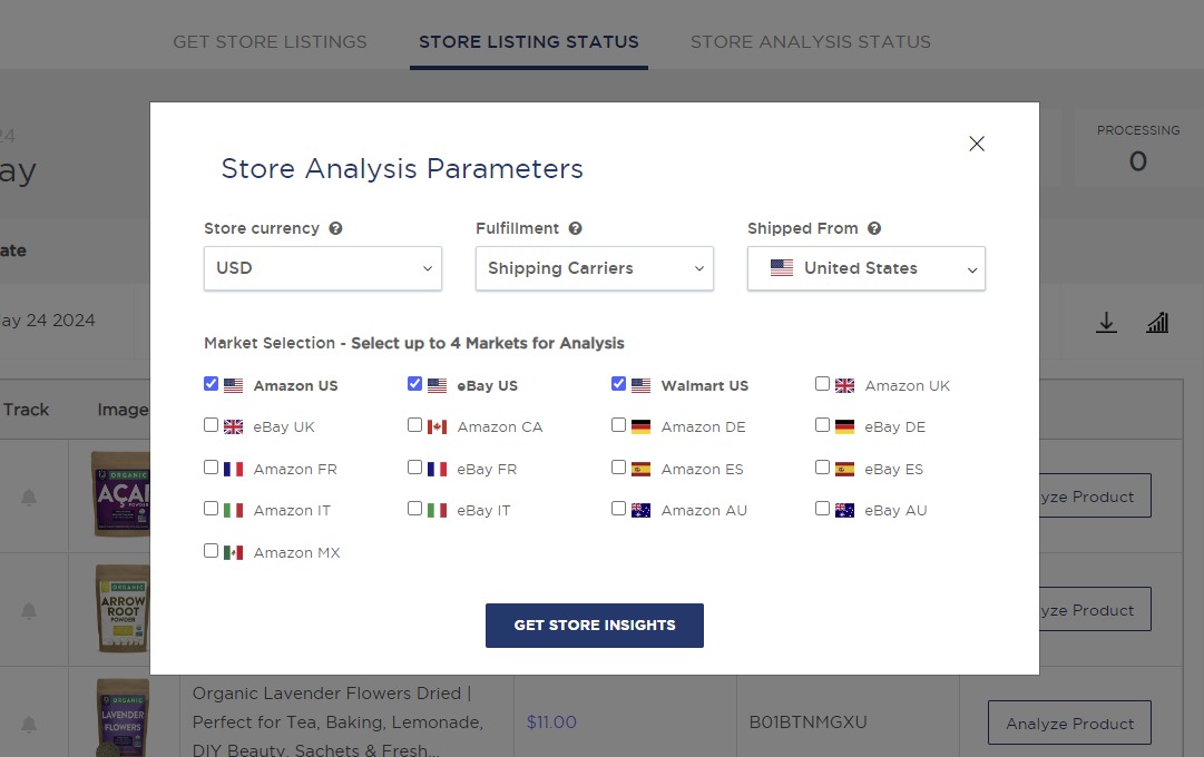 Setting store analysis parameters in the ‘Store Analysis’ feature of Product Research Pulse.