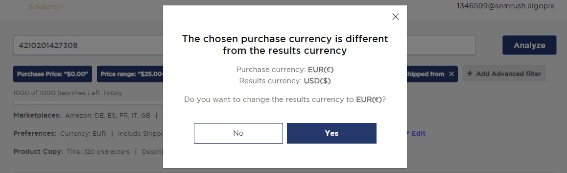 Choosing currency in the ‘Single Product Analysis’ feature of Product Research Pulse.