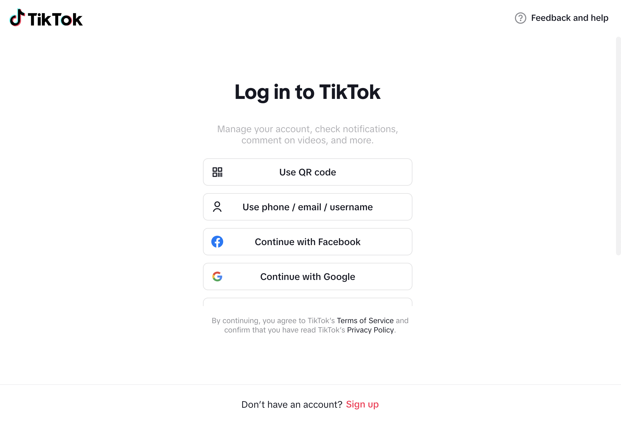 An example of the pop-up window prompting a user to log in to their existing TikTok account.