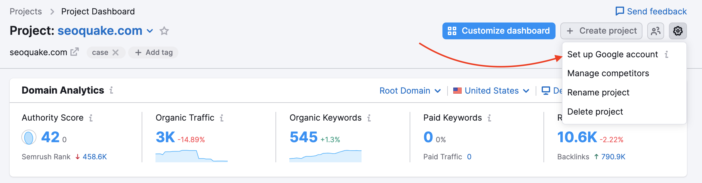 Project Dashboard with a red arrow pointing to the Google account setup button in the top right corner.