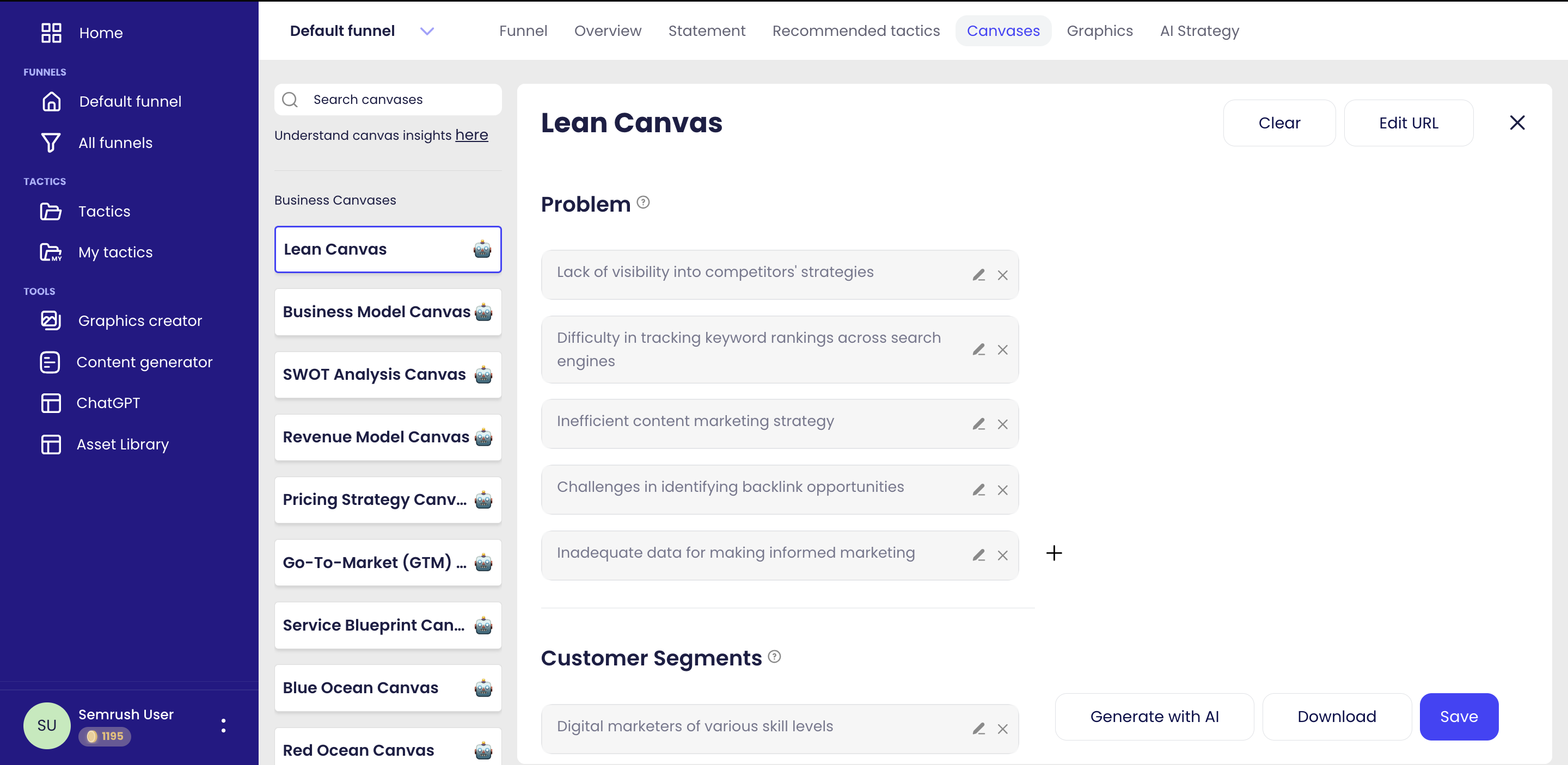 Screenshot of the Lean Canvas selection under 'Canvases'. There are two subcategories on the page: Problem and Customer Segments. Each has a list of items that have been written by the user.