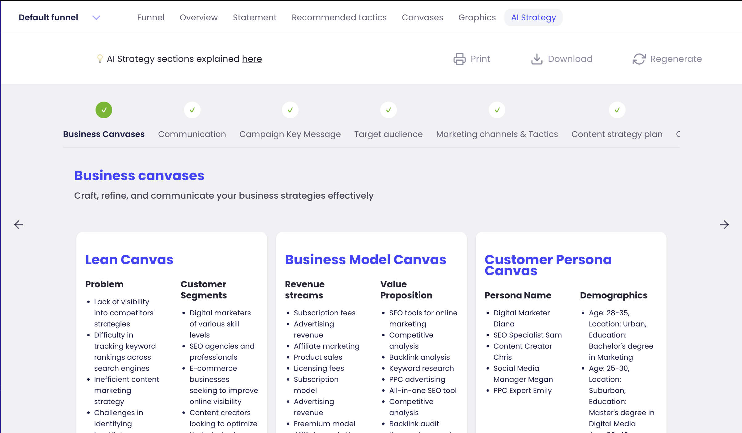 Screenshot of the AI strategy tab after a user's business details have been entered. The top of the screen has a list of parts of the strategy, and as each loads, a green checkmark is shown. Each part of the strategy is expanded in full below the checkmark. In this screenshot, the Lean canvas, Business Model canvas, and Customer Persona canvas are visible under the Business Canvases tab.