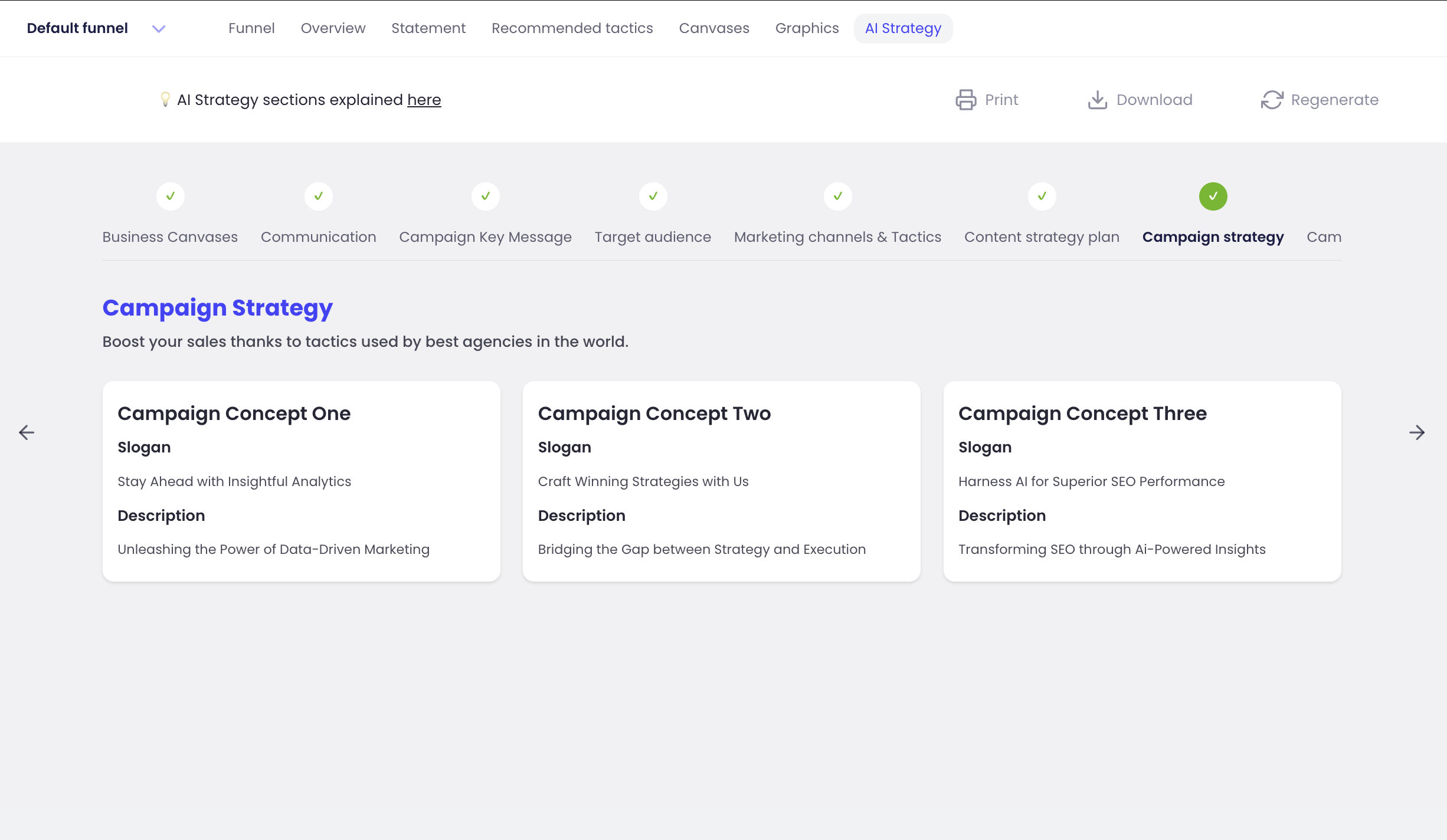 'Campaign stratetgy' tab in the AI Strategy section of the AI Marketing Strategy app. Displays three boxes focusing on different sales tactics used by successful agencies. The first box is titled 'All-in-one solution', the second 'AI-driven SEO advancements', and the third 'Supercharged social media'. Every box includes a suggested slogan and description of the sales tactic.