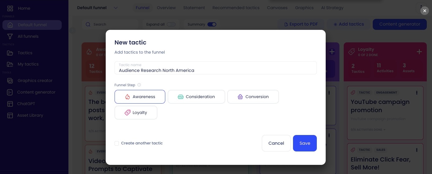 Screen view to add a new tactic, featuring text boxes to add a tactic name, and four category boxes to select the tactic category. Includes the option to create another tactic or save and exit the newly-made one. 