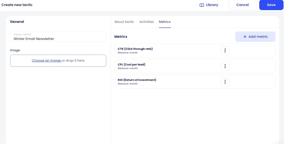 View of the 'Metrics' tab when creating a new tactic. The left-hand side shows general information like the tactic name and image. The right-hand side shows three subheaders: Clickthrough rate, Cost per lead, and Return on investment.