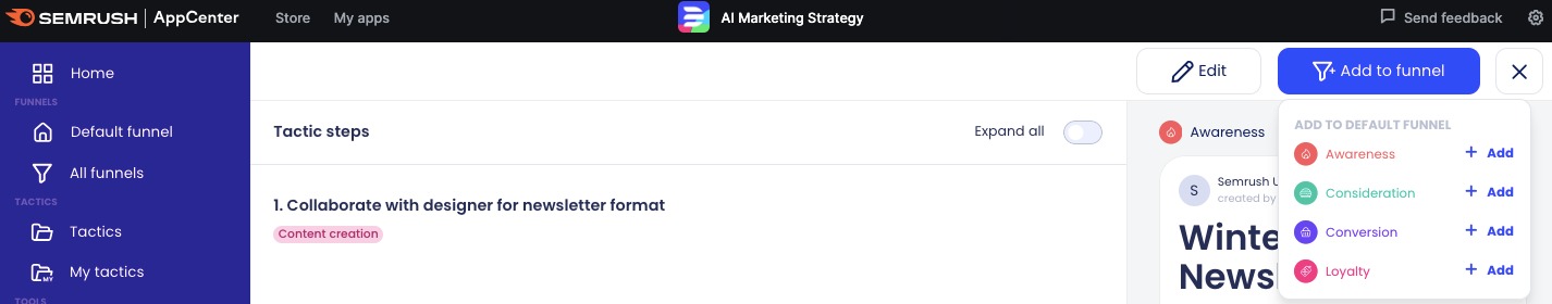 Screenshot highlighting the 'Add to funnel' button at the top right of the page. Once clicked, users can choose the funnel category they wish to add the new tactic to.