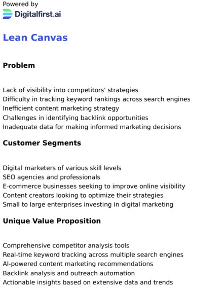 An example of a PDF version of a canvas. The type of canvas is displayed at the top of the page, subheaders include Problem,  Customer Segments, and Unique Value Proposition. Beneath each section is a list of detailed text insights.