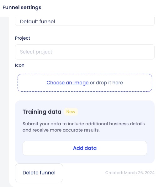 View of funnel settings. In the middle of the screen is a widget with the title 'Training data' and a button that says 'Add data'.