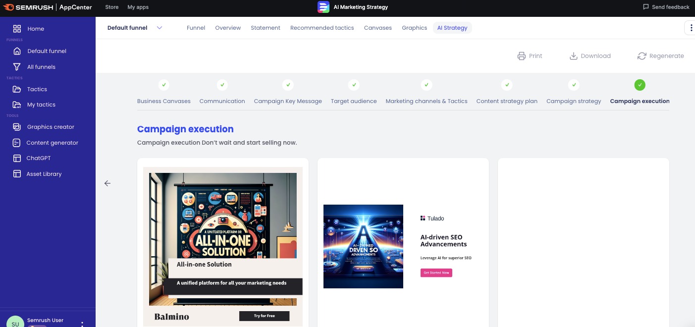 'Campaign execution' is the final tab in the AI Strategy section. The screen shows a range of marketing visuals that can be downloaded and used in campaigns. 