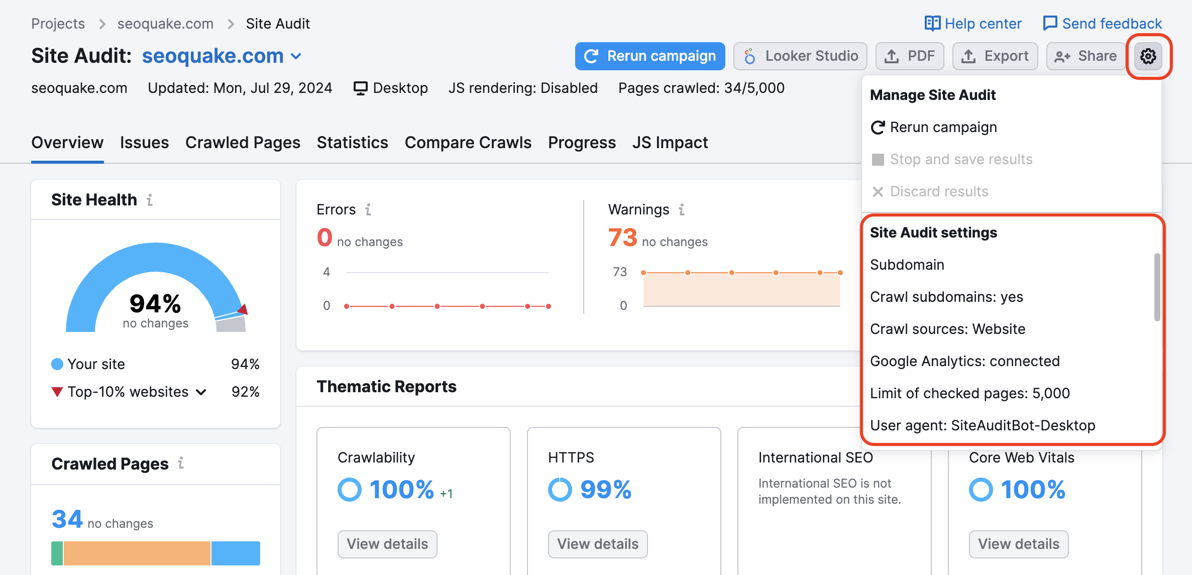 Site Audit Overview report with the settings menu opened via the gear icon on the top right. The settings menu is a dropdown and can be scrolled down for additional settings options. The list of such options is highlighted with red, as well as the gear icon, to make them easier to find.