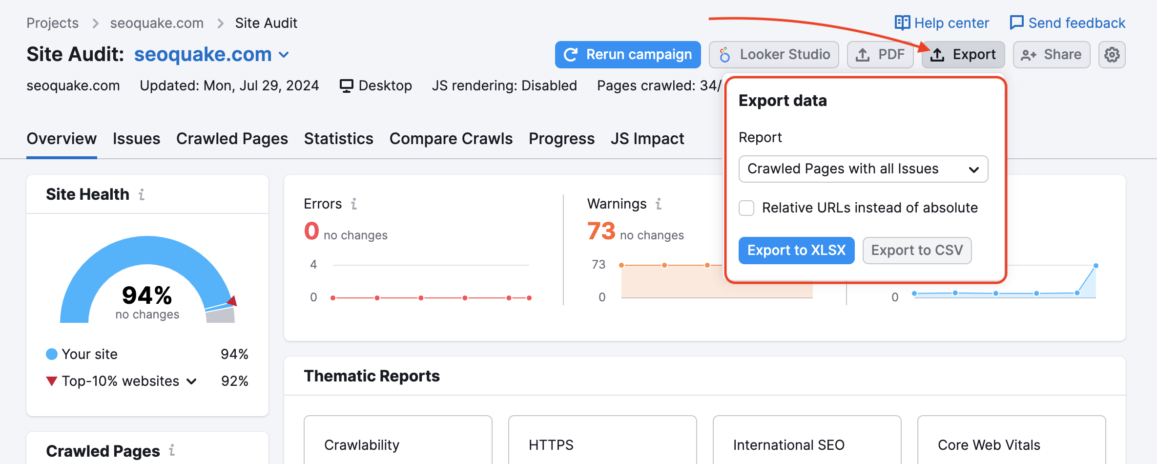 Exporting reports from Site Audit