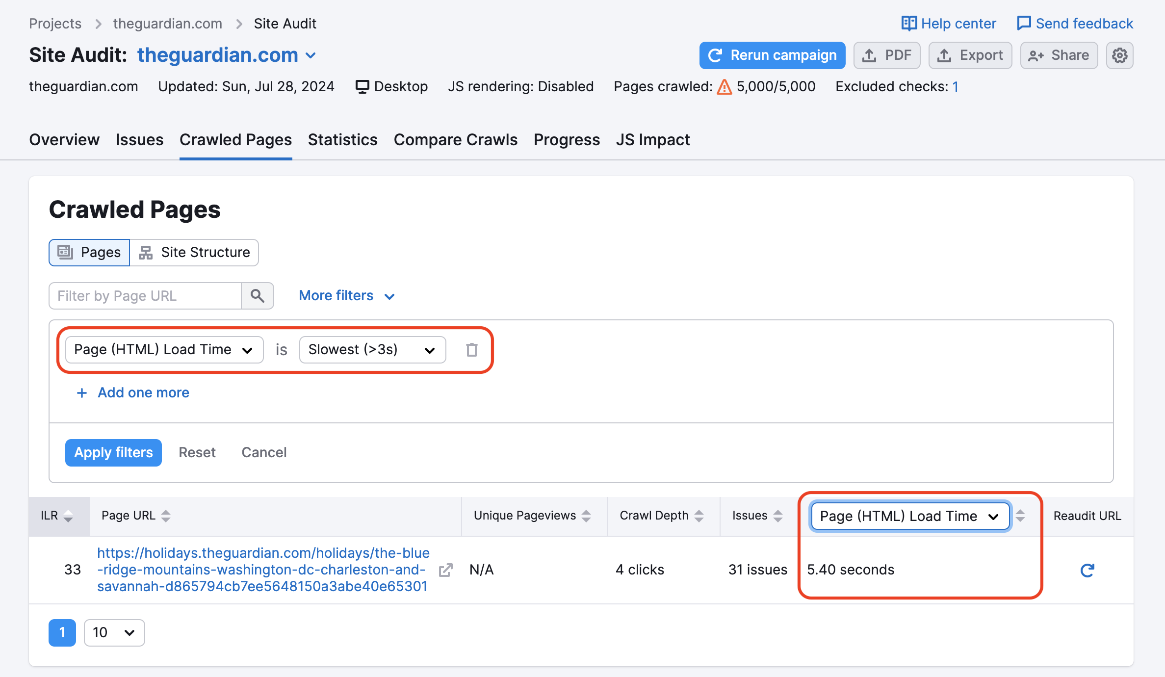 An example of the Crawled Pages report with red rectangles highlighting the Page Load Time filter at the top of the report and the Page Load Time column in the table on the right.  