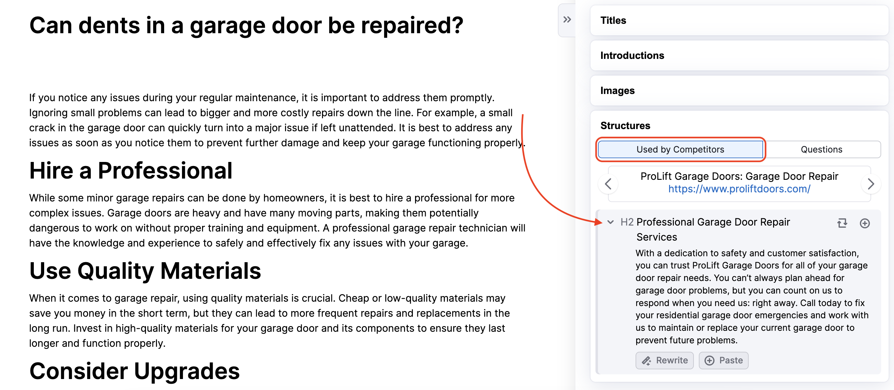 Click "Used by competitors" – Structure and click the grey arrow to open the content your competitors use under the subheading. 