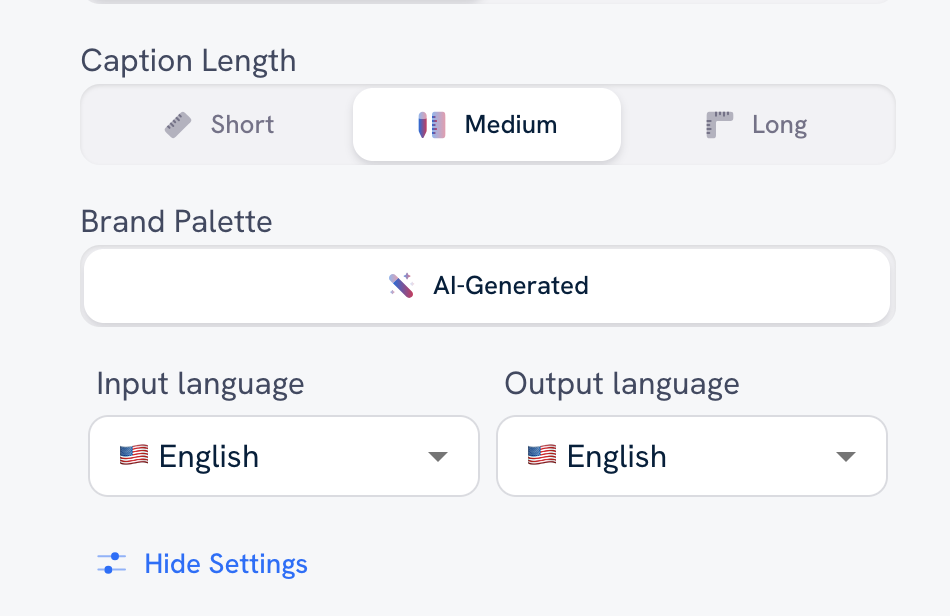 An example of additional settings that appear when you click the More Settings button: Caption Length, Brand Palette, Input and Output Language. 