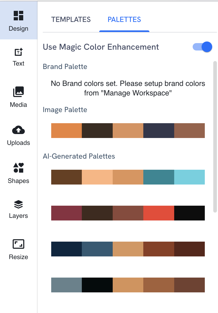 The Palettes menu showing a variety of color options, including brand colors, colors pulled from the image, and AI-generated options.