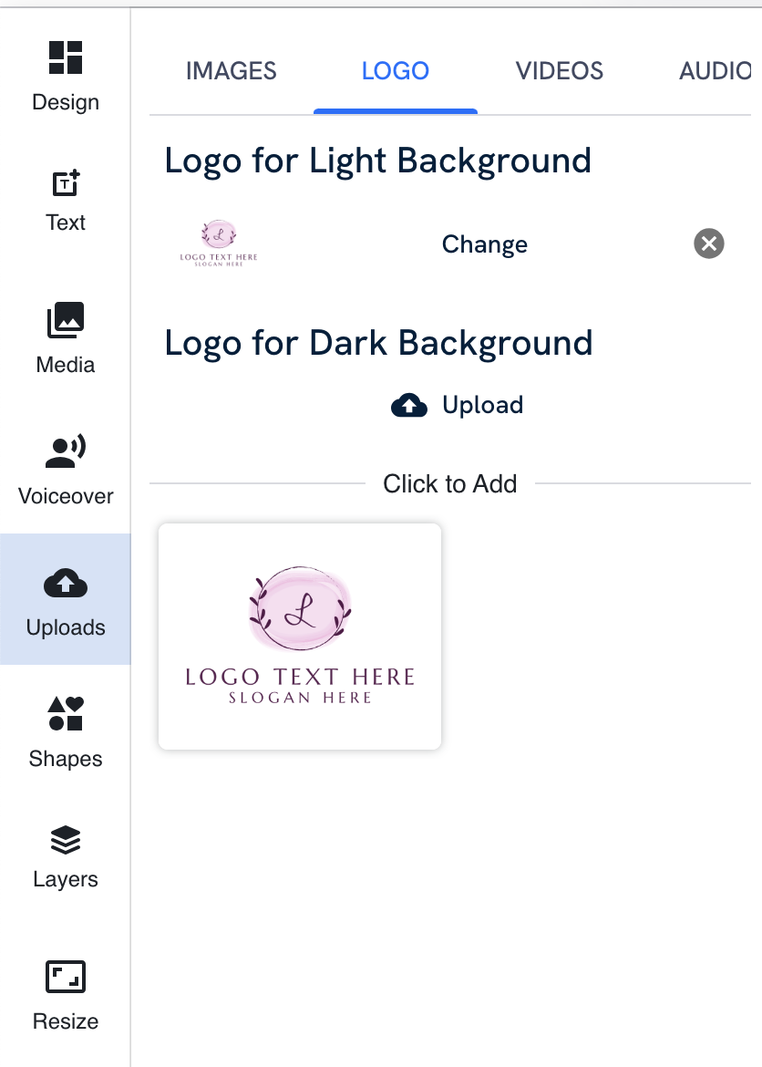 The Uploads tab showing the logo menu, along with a previously uploaded brand logo.