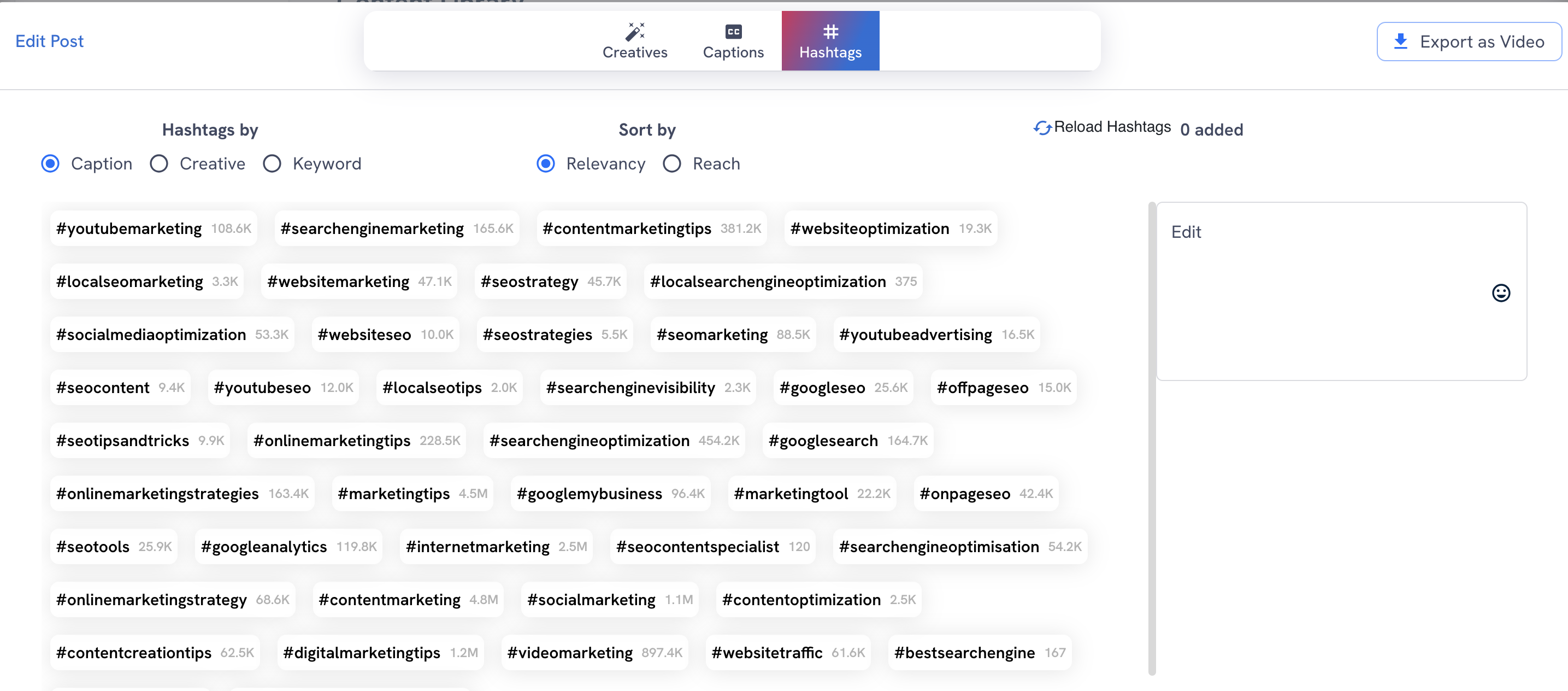 The Hashtags section of the post editor, with a list of AI-suggested hashtags on the left, and a text editor on the right.