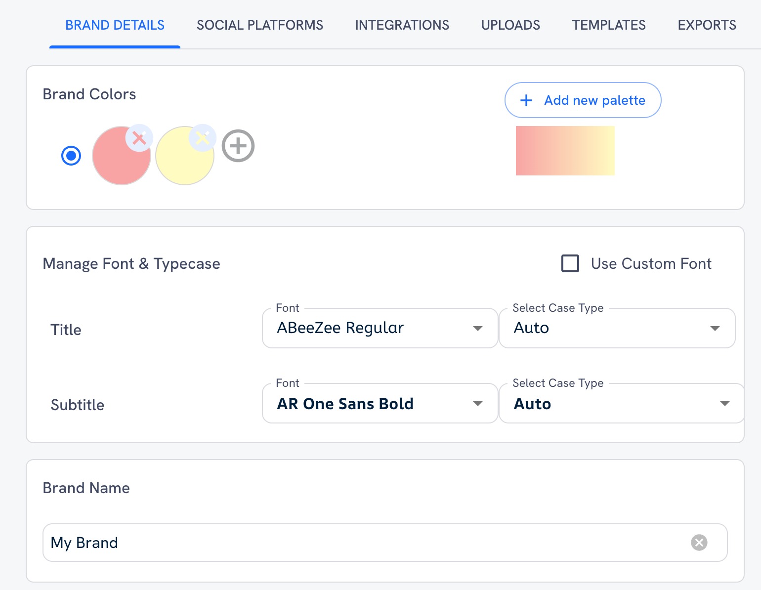 The Brand Details tab in Brand & Social Accounts.