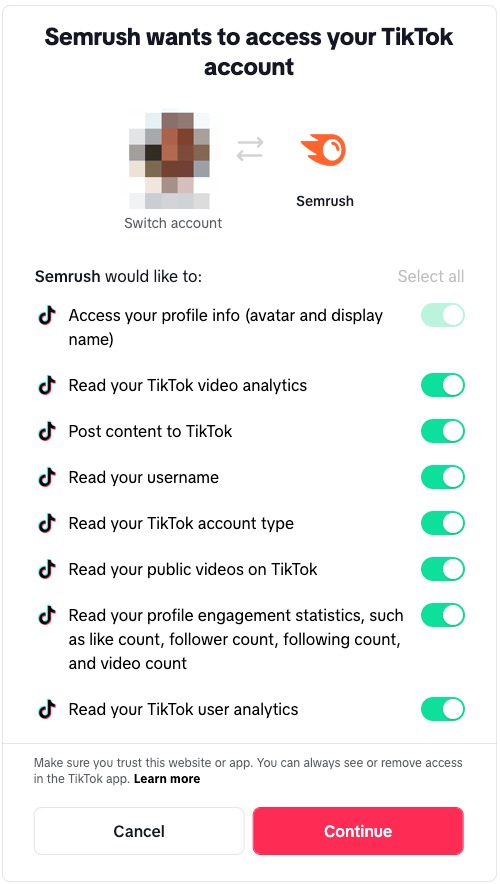 A Semrush access request example for a TikTok account, with all permission requests being listed.