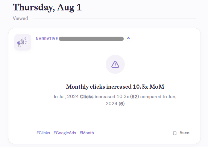 An example of an alert in AI Narratives for Google Ads.