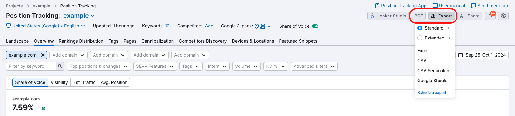 Export options in Position Tracking: PDF report and Excel, CSV, and Google Sheets.