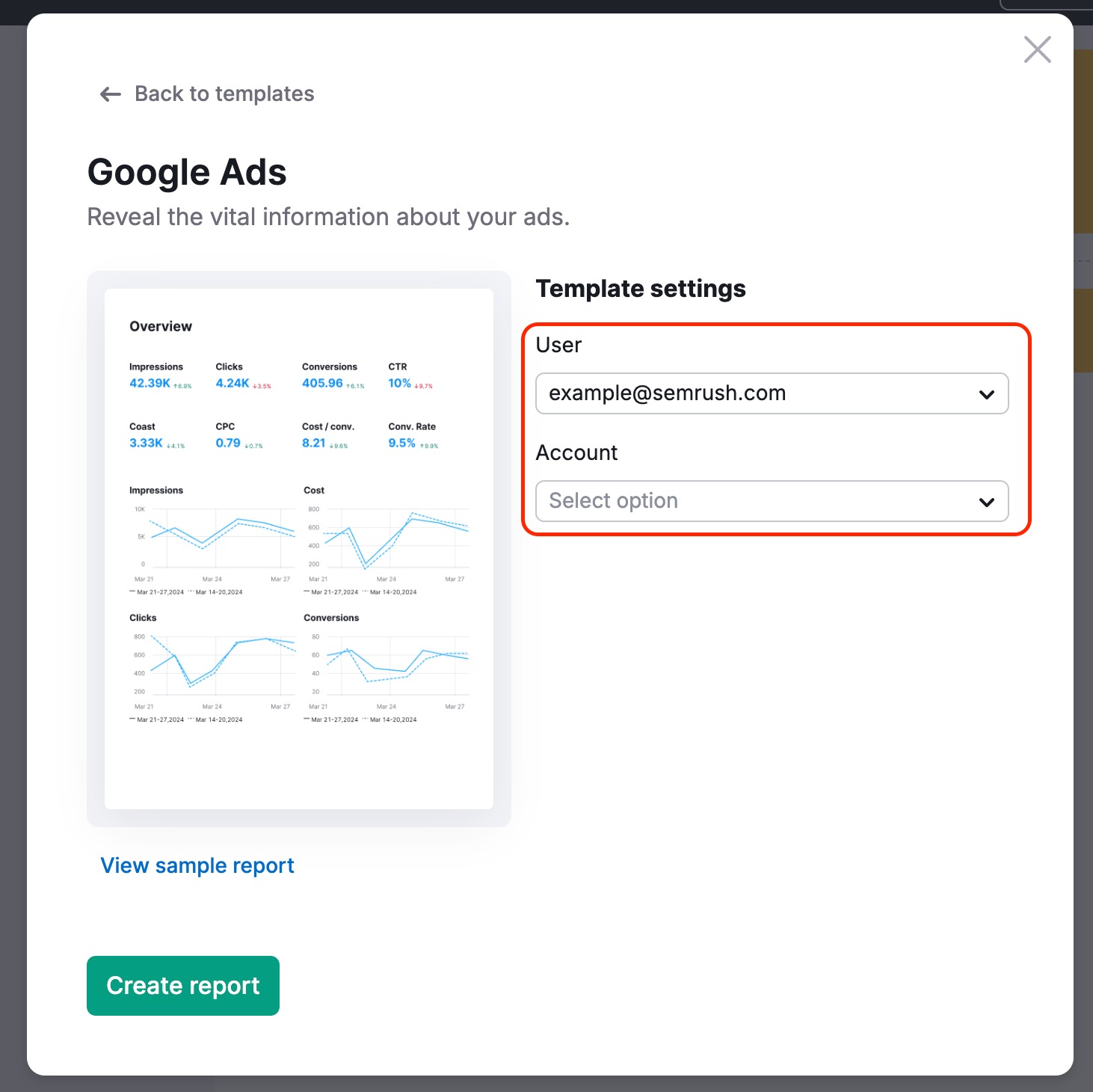 The Google Ads template settings.