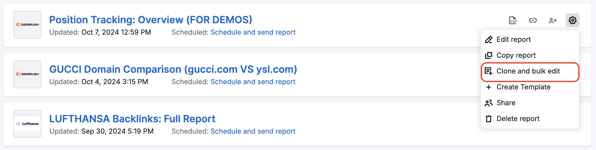 A view of the settings menu on the main My Reports page. Under the gear icon on the right is a dropdown menu with Clone and bulk edit option highlighted.