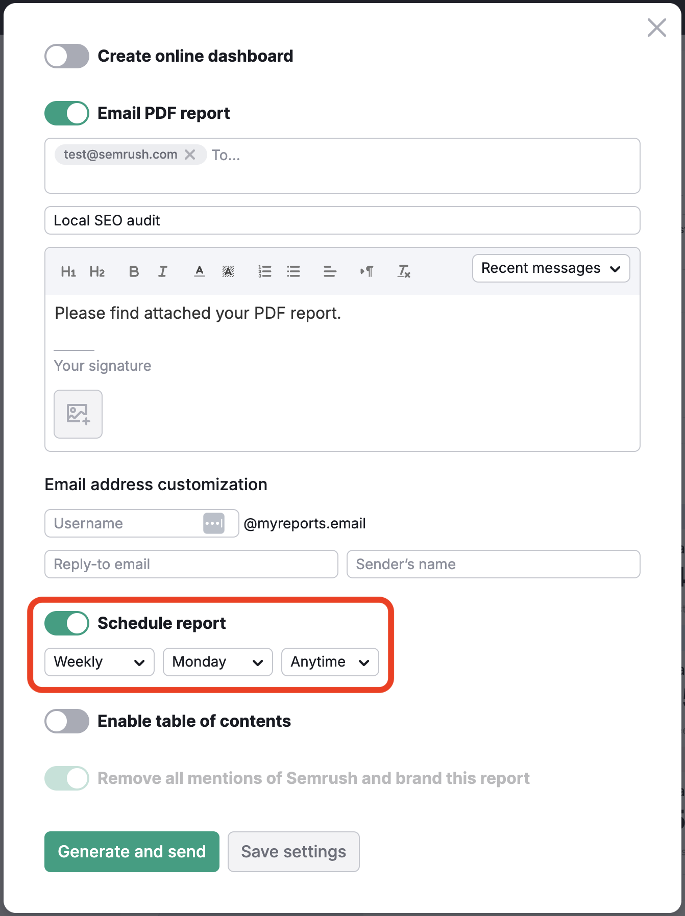 The generate PDF report settings with the schedule report section highlighted. 