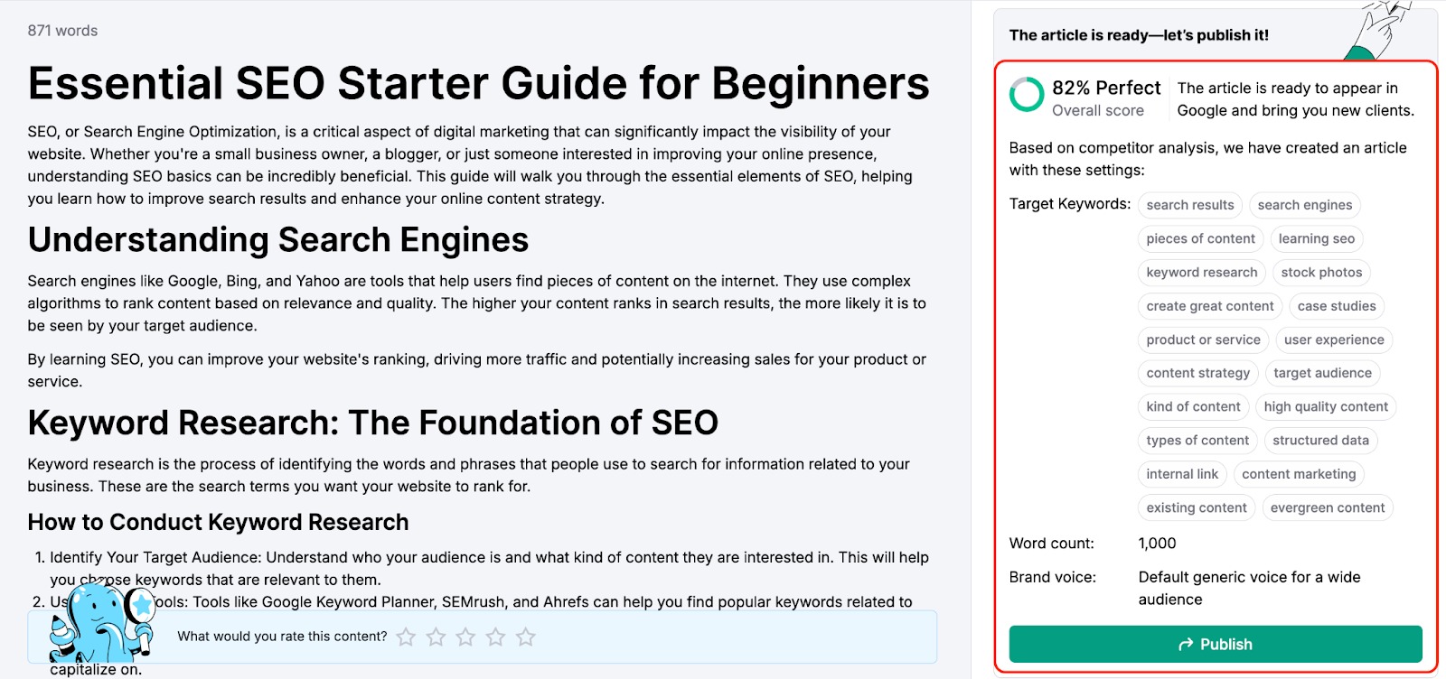 An example of the generated article in ContentShake AI. On the right, the menu with the score and recommendations that were used in the article is highlighted. 