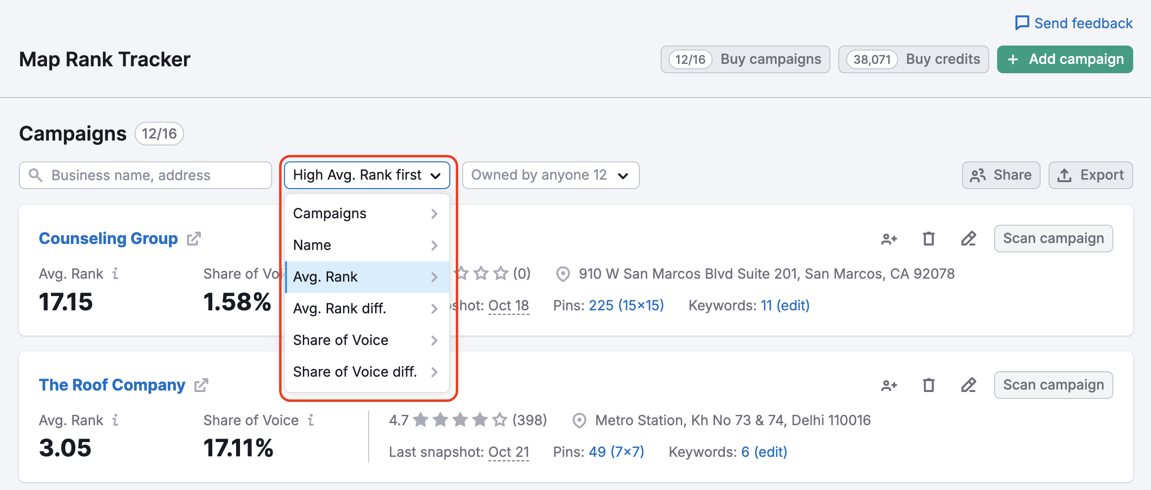 Map Rank Tracker Campaigns list with the sorting drop-down next to the search bar highlighted with a red rectangle. 