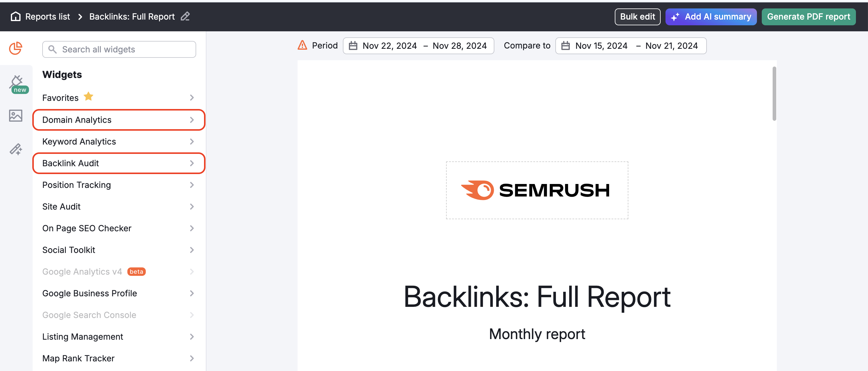 The Domain Analytics and Backlink Audit sections are highlighted on the left menu in My Reports. 