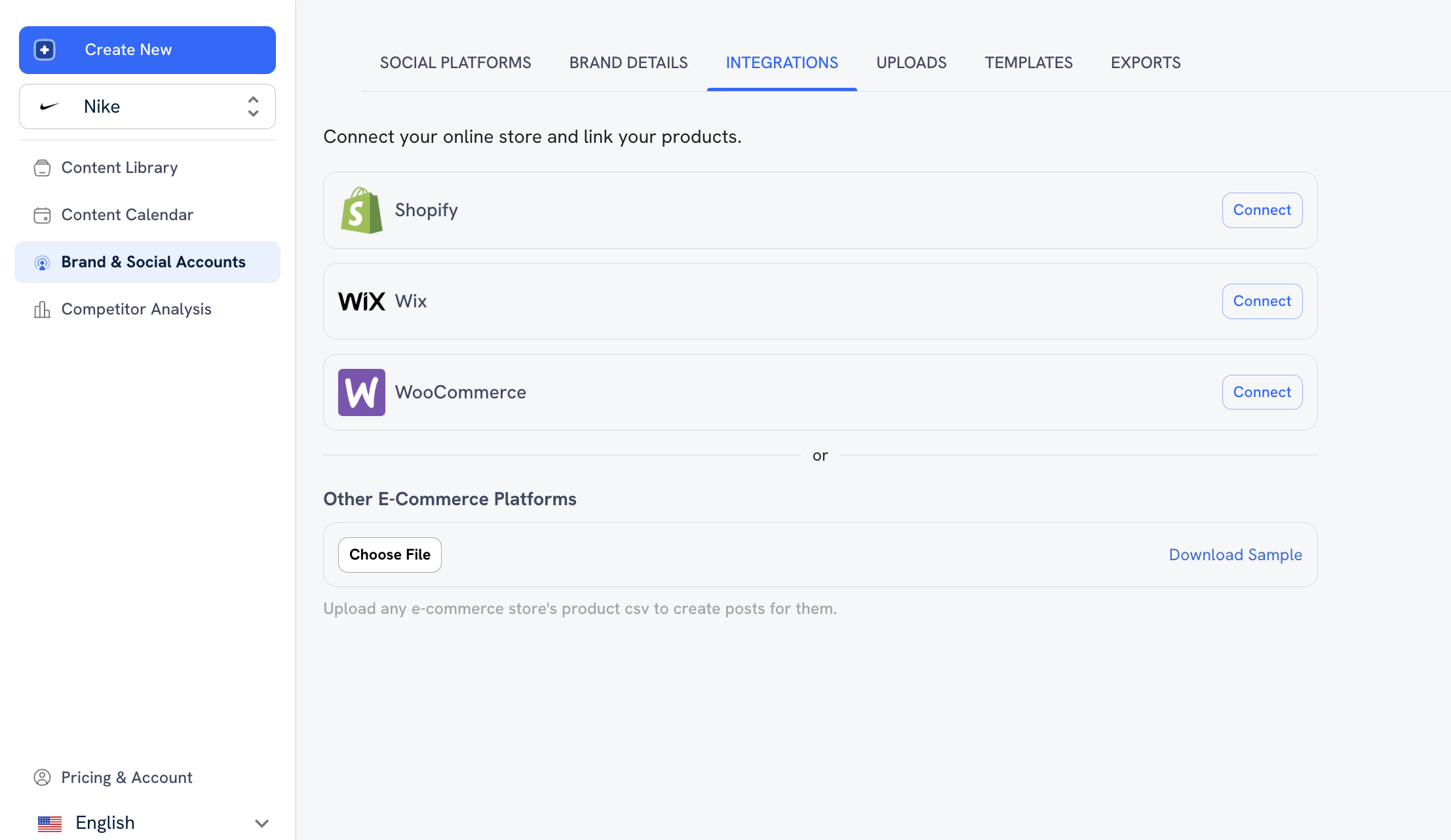 The Integrations tab in Brand & Social Accounts.