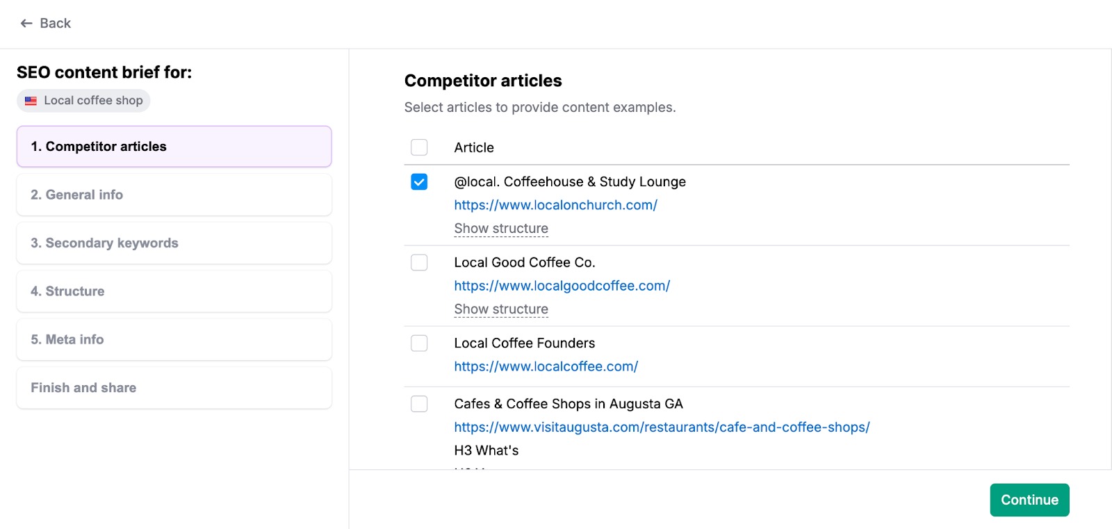 An example of step one, 'Competitor articles,' in the SEO content brief constructor.