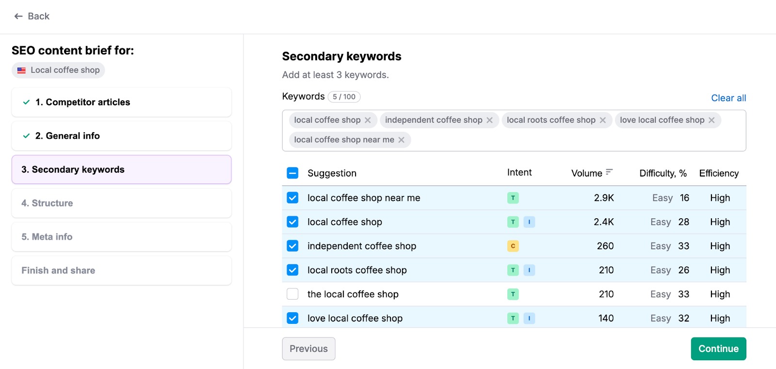 An example of step three, 'Secondary keywords,' in the SEO content brief constructor.