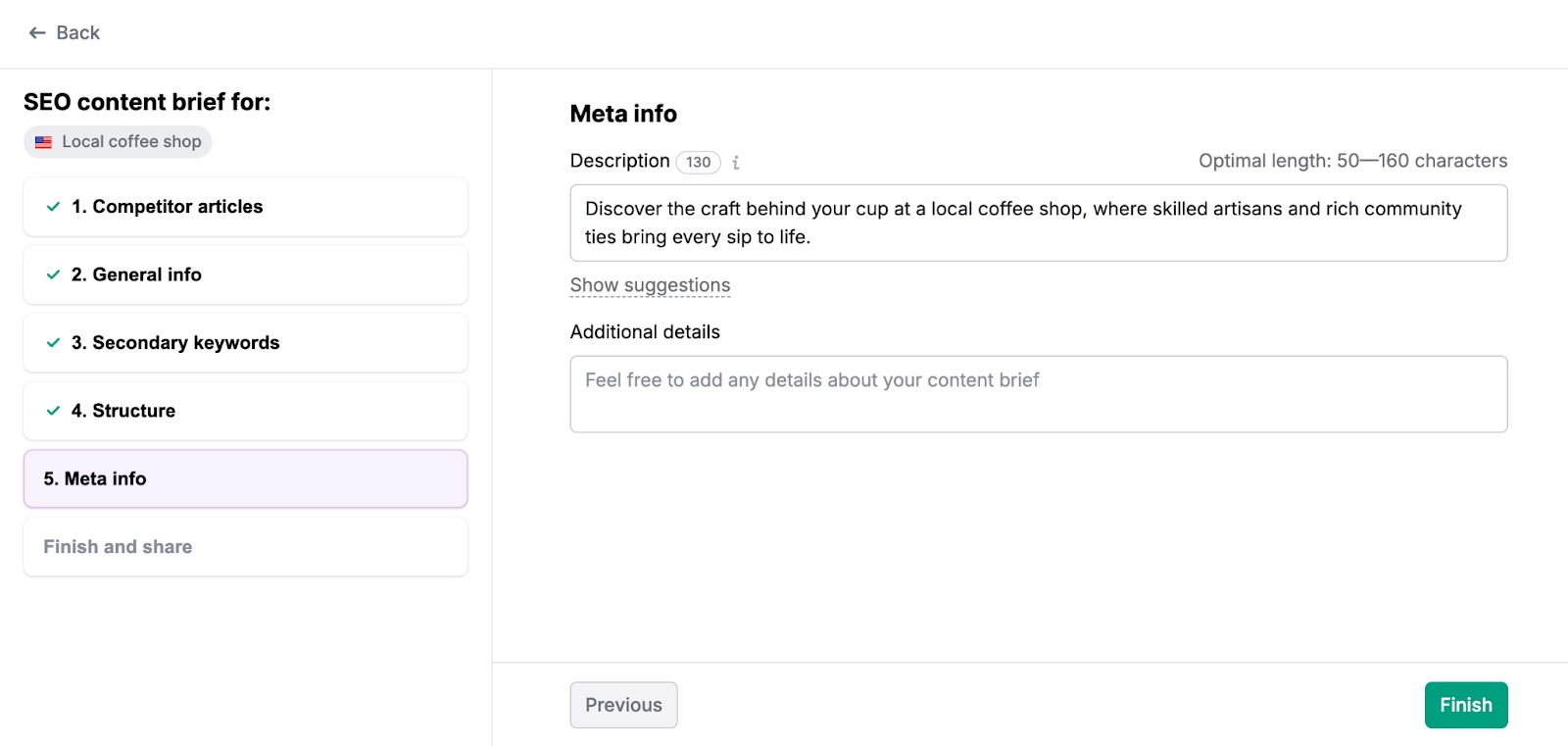 An example of step five, 'Meta info,' in the SEO content brief constructor.