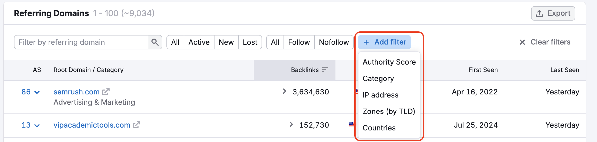 Advanced filters are located in the Add filter drop-down above the table in the Referring Domains report.